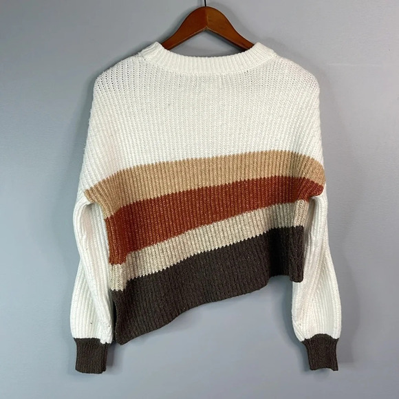 RACHEL ZOE Asymmetrical Knit Sweater Striped Earth Tones Long Sleeve Crewneck M - Picture 6 of 10